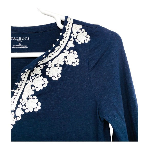 TALBOTS - WOMEN'S BLUE & WHITE 3/4 SLEEVE EMBROIDERED KNIT T-SHIRT TOP - Size S - Picture 7 of 12